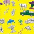 Seamless background of flying saucer alien cow cactus snake arm on a yellow background. Drawn with a Doodle pen. Vector image