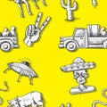 Seamless background of flying saucer alien cow van cactus snake arm on a yellow background. Drawn with a Doodle pen. Vector image