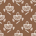 Seamless background forage basket gender neutral baby pattern. Simple whimsical minimal earthy 2 tone color. Kids