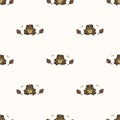 Seamless background frog and leaf gender neutral baby pattern. Simple whimsical minimal earthy 2 tone color. Kids