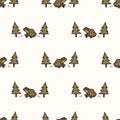 Seamless background frog and tree gender neutral baby pattern. Simple whimsical minimal earthy 2 tone color. Kids