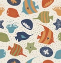 Seamless background with funny fishes, jellyfishes. Decorative marine texture. Pattern with sea creatures, corals. Royalty Free Stock Photo