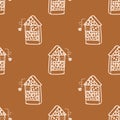 Seamless background garden insect hotel gender neutral pattern. Whimsical minimal earthy 2 tone color. Kids nursery