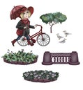 Seamless background with garden objects, bicycle, old well, apple tree and flowers on white.