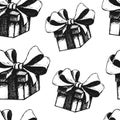 Black and white seamless background with gift boxes with bows Royalty Free Stock Photo