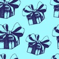Seamless blue background with gift boxes Royalty Free Stock Photo