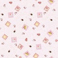 Seamless background for gift wrapping, Wallpaper, paper. Goodies, pies and cake.