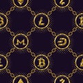 Pattern with shiny gold signs of cryptocurrencies