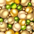 Seamless background with gold and green Christmas balls. Vector illustration. Royalty Free Stock Photo