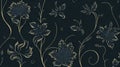 Seamless background from a golden floral ornament on dark green. Fashionable modern wallpaper or textile. Swirly floral retro