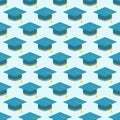 Seamless background of graduation caps over blue sky.Vector repeat geometric illustration. Flat style