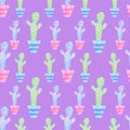 Seamless background of graphic drawings colorful cactus in pots