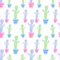 Seamless background of graphic drawings colorful cactus in pots