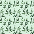 Seamless background with green leave doodles on bright mint background. Luxury pattern for creating textiles, wallpaper, paper,