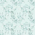 Seamless background with green leave doodles on bright mint background. Luxury pattern for creating textiles, wallpaper, paper.