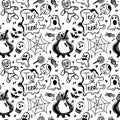 Seamless background with Halloween elements drawn in a doodle style. Poison potions, spider webs, p and voodoo dolls Royalty Free Stock Photo