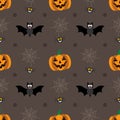 Seamless background for Halloween with pumpkins, bat and web. Vector illustration in modern flat design.