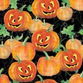 Seamless background with halloween pumpkins. Watercolor pattern.