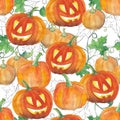 Seamless background with halloween pumpkins. Watercolor pattern.