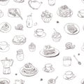 Seamless background Hand drawn coffee, tea, sweets pattern. Illustration delicious elements. Breakfast Food Drinks Cake Royalty Free Stock Photo