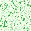Seamless illustration with hand drawn icons on the theme of biology,green silhouettes icons on a white background polka dot