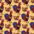 Seamless background with hand drawn rooster, hens and chickens Royalty Free Stock Photo