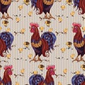 Seamless background with hand drawn rooster, hens and chickens Royalty Free Stock Photo