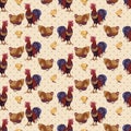 Seamless background with hand drawn rooster, hens and chickens Royalty Free Stock Photo