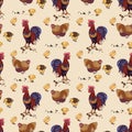 Seamless background with hand drawn rooster, hens and chickens Royalty Free Stock Photo