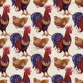 Seamless background with hand drawn rooster, hens and chickens