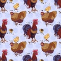 Seamless background with hand drawn rooster, hens and chickens Royalty Free Stock Photo