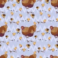 Seamless background with hand drawn rooster, hens and chickens