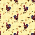 Seamless background with hand drawn rooster, hens and chickens Royalty Free Stock Photo