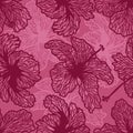 Seamless background. Hibiscus flowers on pink background. Vector image in contours. Silhouette colors