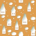 Seamless background with houses, clouds and drops