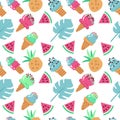 Seamless background with ice cream, watermelon, pineapple and palm leaves. Vector hand drawn flat illustration on white background Royalty Free Stock Photo