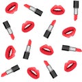 Seamless background with the image of lips and lipstick. Simple seamless background. Vector illustration.