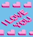 Seamless background of isometric pixel hearts with I Love You text. Vector illustration in style of old 8-bit video Royalty Free Stock Photo