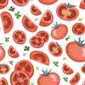 Seamless background of juicy tomatoes and greens on a white background . A variety of ripe fruits, rings and pieces. Vector