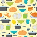 Seamless background. Kitchen. Pattern. Food and drinks. Kitchen utensils. Pots and pans. The pattern. Vector