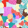 Seamless background of knitted pieces. Pieces of heart and star fabric. hand drawing. Not AI, Illustrat3 . Vector