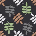 Seamless background. Leaves with a scalloped edge. Mountain ash, Mongolian oak. Drawn Botanical background on black