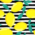 Seamless background. Lemons with leaves on black and white watercolor stripes. design for holiday greeting card and invitation of Royalty Free Stock Photo