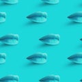 Seamless. Light blue lips on blue background. Sexy close female mouth