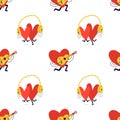 Seamless background with loving hearts. Cute red hearts are listening to music in big headphones and playing the guitar. Vector