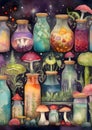 Seamless background with magic potion bottles and mushrooms. Hand drawn illustration Royalty Free Stock Photo