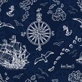 Seamless background with marine and nautical elements, old ships, compass, treasure islands on blue Royalty Free Stock Photo