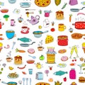 Seamless background meal and ware in doodle style. Royalty Free Stock Photo