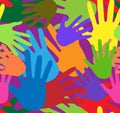 Seamless background of multi-colored prints of hands. Traditional Indian festival. Bengali New Year. Holiday of spring and nature. Royalty Free Stock Photo