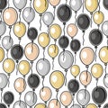 Seamless background with multicolored balloons in children`s flat style with black outline Royalty Free Stock Photo